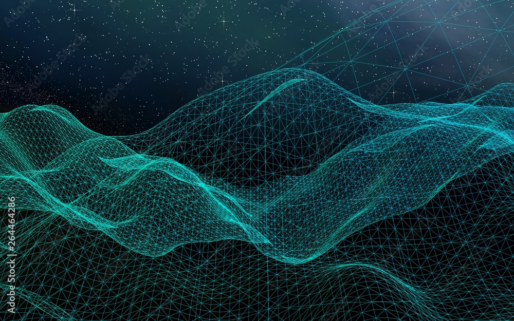 Fototapeta premium Abstract landscape on a dark background. Cyberspace grid. hi tech network. Outer space. Starry outer space texture. 3D illustration