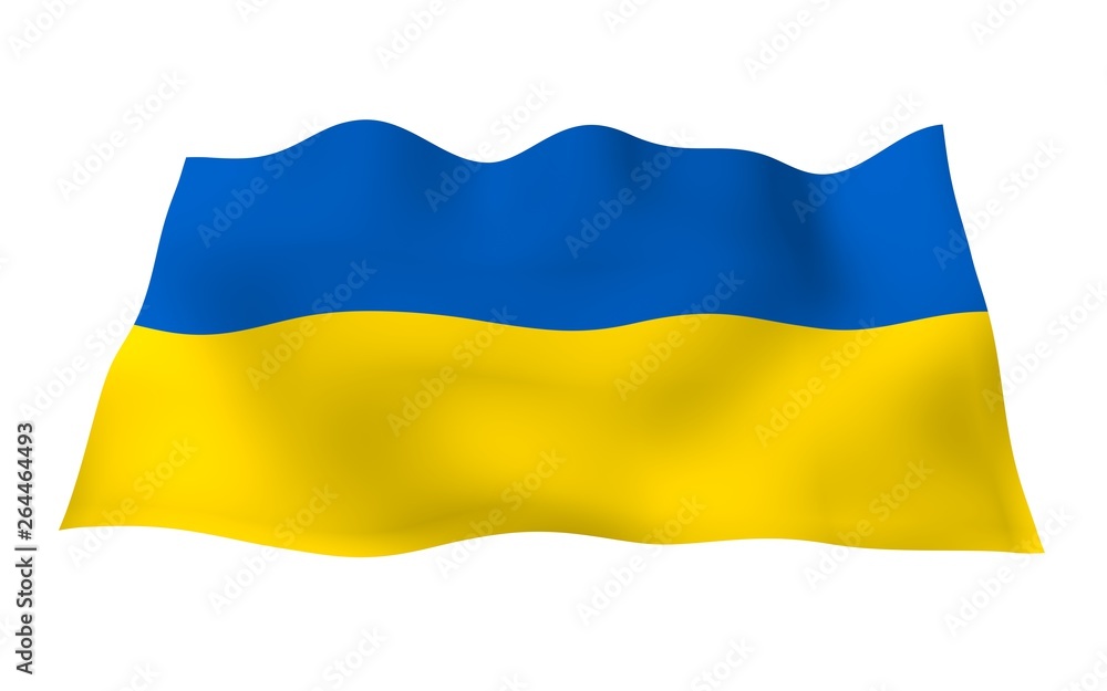 Obraz premium The flag of Ukraine on a white background. National flag and state ensign. Blue and yellow bicolour. 3D illustration waving flag