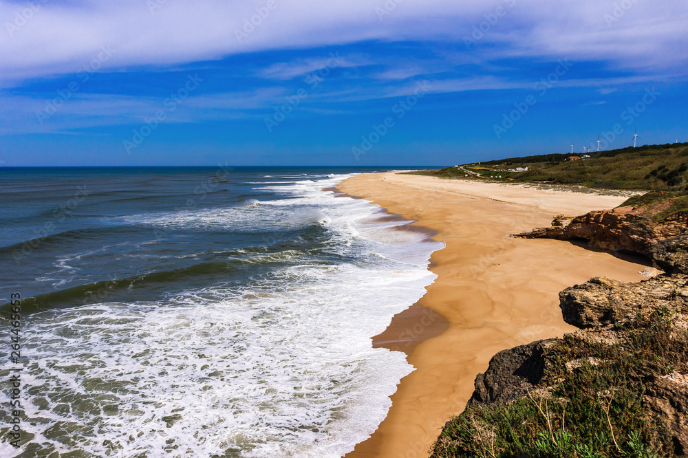 View of empty long Nazare North beach from Nazare. Atlantic Ocean, Portugal View of empty long Nazare North beach from Nazare. Atlantic Ocean, Portugal