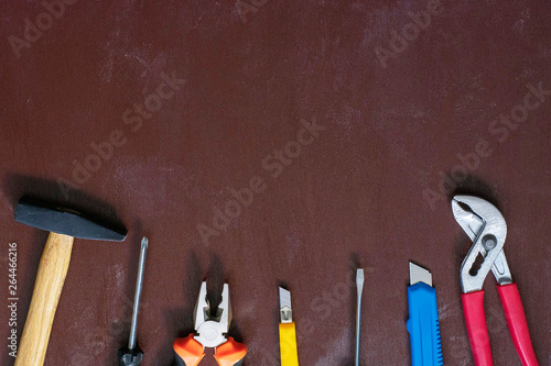 Various repair tools. Equipment for building. White background top view copy space