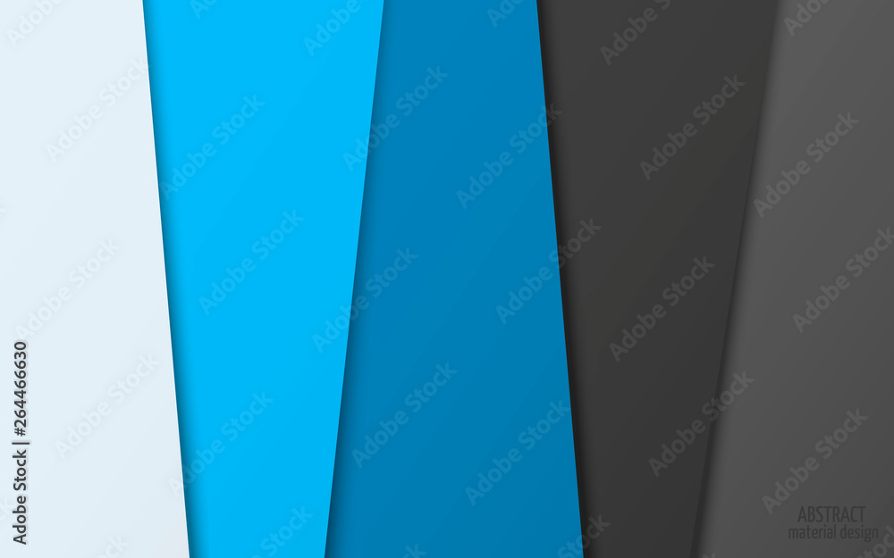 Abstract material design with superimposed colored sheets of paper. Blue and gray layers. Horizontal geometric background. The slanted lines with the shadow.