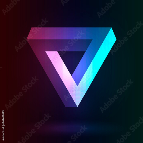 Endless triangle with neon glow on a dark background. Optical illusion in modern design. Abstract geometric gradient element. Vector illustration for posters and cards.
