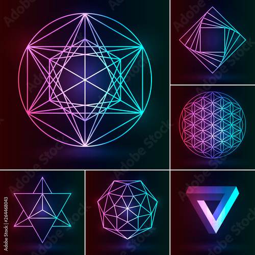 Sacred geometry set. Vector esoteric ornament on the neon background. Abstract geometric symbols: fower of Life, merkaba, penrose triangle, pentagram, octagram. Mystery logo for magic design.