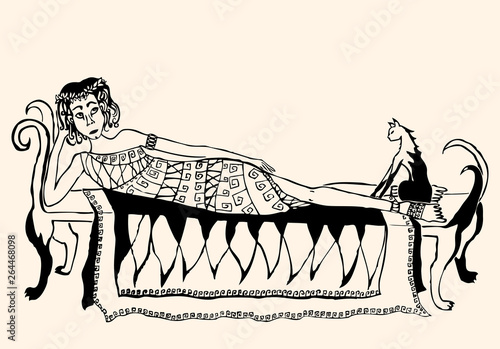 Vector drawing of a noble lady resting with her cat