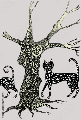 Vector image of the cats under fabulous tree