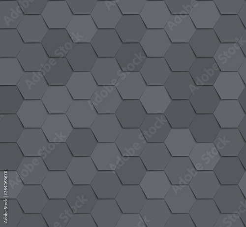 Hexagonal gray tiles. Seamless vector pattern. Abstract material background. Repeated geometric elements with a shadow. Shingles  texture.