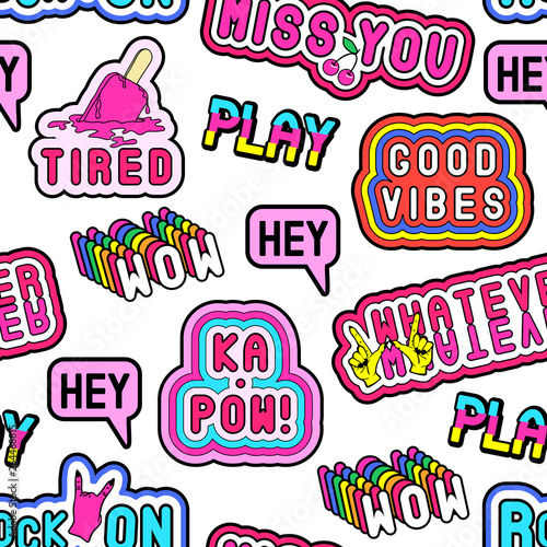 Seamless pattern with cartoon, comic style word patches "Whatever”, “Ka-pow””, “Hey”, “Wow”, “Rock On”, “Tired”, “Good vibes”, etc. White background.