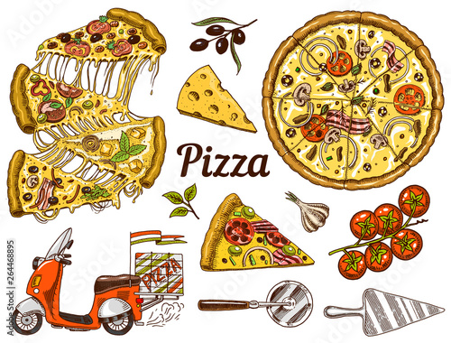 Set of pizza with cheese. Yummy italian vegetarian food with tomatoes, Seafood and olives. Ingredients for cooking and Motorcycle for delivery. Sketch for restaurant menu. Hand drawn Vintage style.