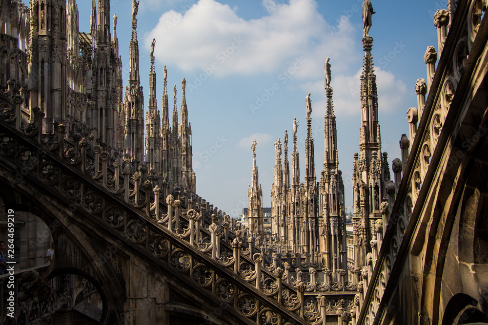 Roof terraces of gothic Milan Cathedral, or Duomo di Milano