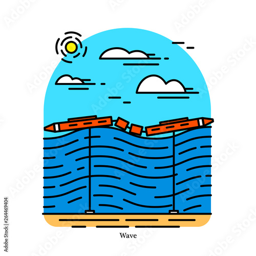 Wave power plant. Energy converter. Powerhouse or generating station. Desalination or pumping water. Industrial building icon. Ecological sources of Electricity.
