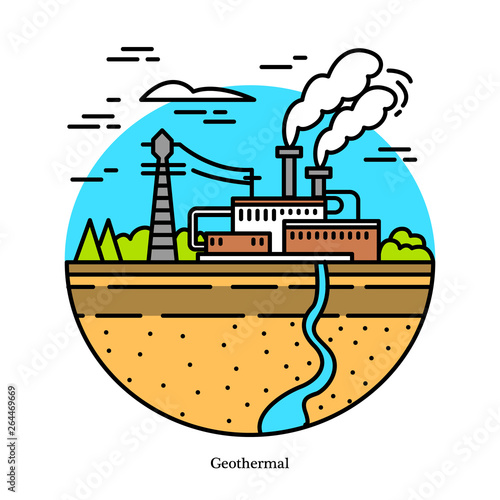 Geothermal power plant. Dry and flash steam powerhouse, binary cycle generating station. Industrial building icon. Ecological sources of electricity and energy.