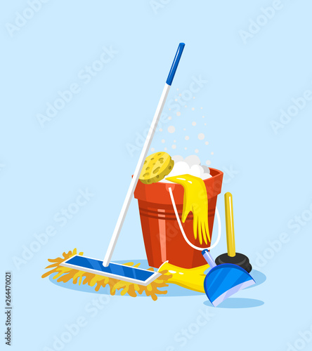 Cleaning tools. House icons for poster. Washing machine, Detergents Cleanser for apartments, Water bucket for Mopping, Vacuum cleaner Scoop, Chemicals Appliances for service. Cartoon Household.