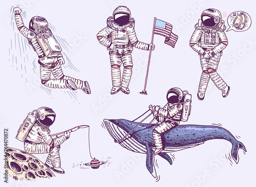 Collection soaring spaceman. Set of Astronauts in space. Dancer musician adventure in the galaxy. Engraved hand drawn pop art comic sketch.