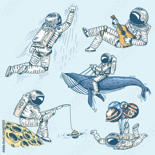 Collection soaring spaceman. Set of Astronauts in space. Dancer musician adventure in the galaxy. Engraved hand drawn pop art comic sketch.