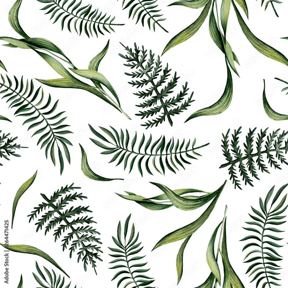 Seamless Pattern of Watercolor Herbs and Fern