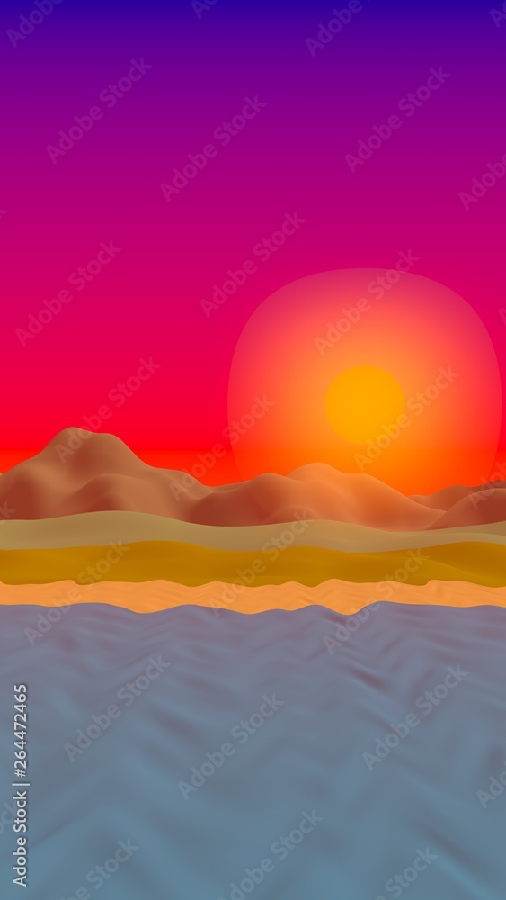Sun Sea Beach. Sunrise. Ocean shore line with waves on a beach. Island beach paradise with waves. Vacation, summer, relaxation. Seascape, seashore. Minimalist landscape, primitivism. 3D illustration Sun Sea Beach. Sunrise. Ocean shore line with waves on a beach. Island beach paradise with waves. Vacation, summer, relaxation. Seascape, seashore. Minimalist landscape, primitivism. 3D illustration