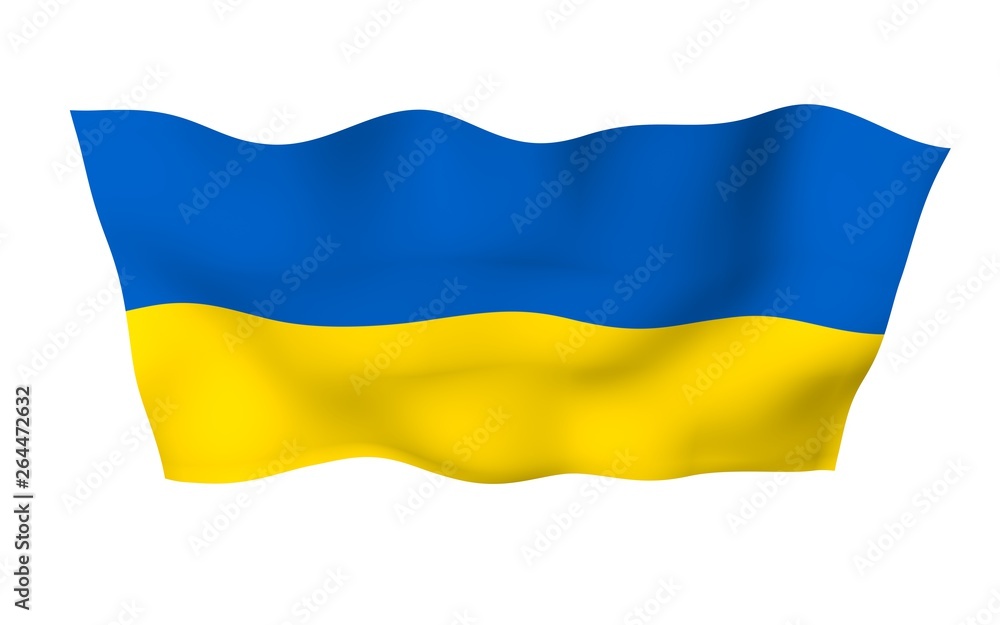 The flag of Ukraine on a white background. National flag and state ensign. Blue and yellow bicolour. 3D illustration waving flag The flag of Ukraine on a white background. National flag and state ensign. Blue and yellow bicolour. 3D illustration waving flag