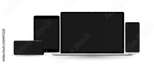 Set Mock-up of realistic devices. Smartphone, tablet, laptop, 3D vector collection gadgets, Mockups to showcase your web-site design. Realistic template for infographics or presentation