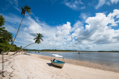 Tropical island with coconut trees and boat in the sand © Gustavo
