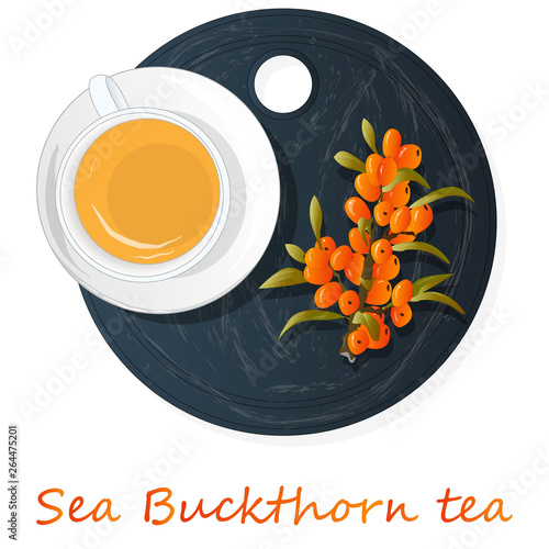 Cup of sea buckthorn tea on the dish. Branch of sea buckthorn berries with leaves. Vector illustration set on white background.