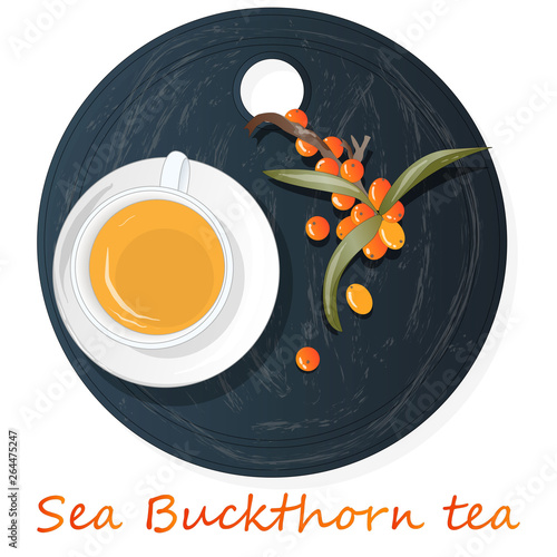 Cup of sea buckthorn tea on the dish. Branch of sea buckthorn berries with leaves. Vector illustration set on white background.