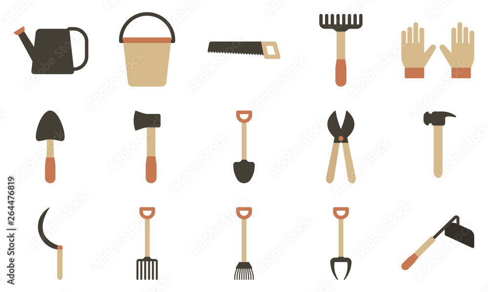 Agricultural tool, hoe, shovel, pitchfork, rake set of icons in flat style, tools for the garden vector illustration Agricultural tool, hoe, shovel, pitchfork, rake set of icons in flat style, tools for the garden vector illustration