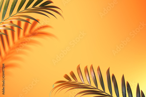 Tropical plant shadow on light orange background with empty space. 3D rendering.