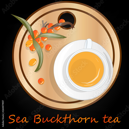 Cup of sea buckthorn tea on the dish. Branch of sea buckthorn berries with leaves. Vector illustration set on black background.