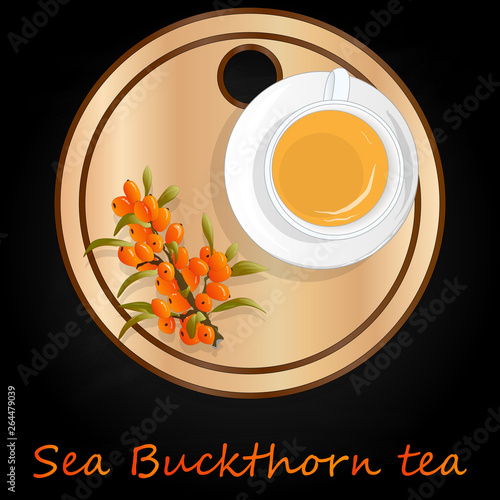 Cup of sea buckthorn tea on the dish. Branch of sea buckthorn berries with leaves. Vector illustration set on black background.