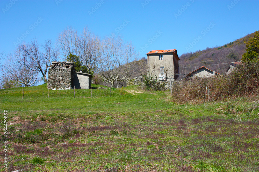 Obraz premium abandoned village and empty solitary houses. green lawn on a sunny spring day in Cerreta San Nicola