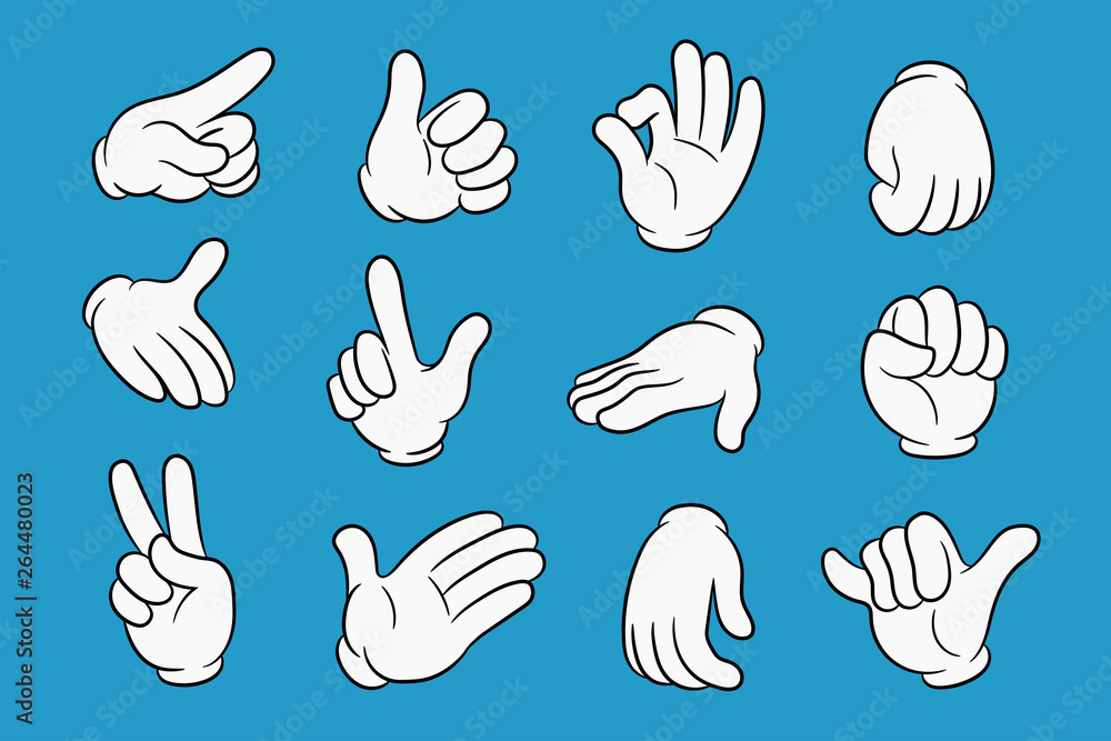 Cartoon hands set in different gestures. Hands in white gloves with black stroke. Element for your design. Vector illustration. Cartoon hands set in different gestures. Hands in white gloves with black stroke. Element for your design. Vector illustration.