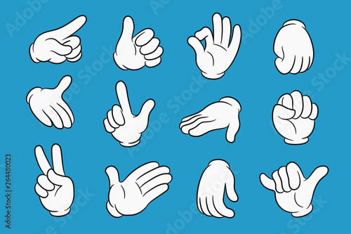Cartoon hands set in different gestures. Hands in white gloves with black stroke. Element for your design. Vector illustration.