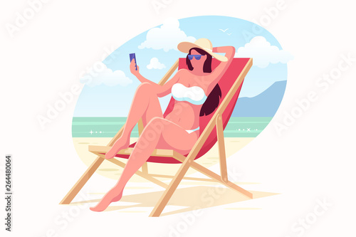 Beautiful girl in a swimming suit and hat sits on the beach in a sunbed and make selfie. Woman with smartphone relaxing on the beach. Summer vacation vector illustration. Flat style.