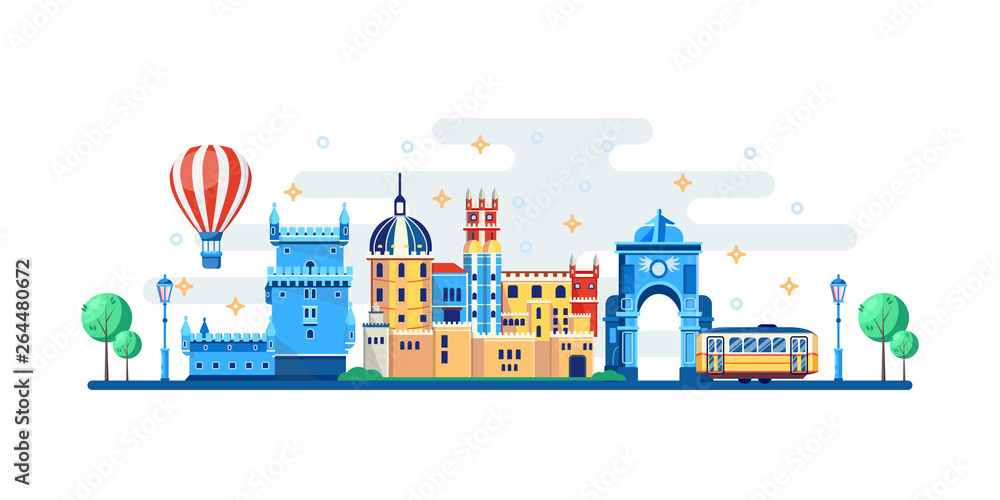 Lisbon cityscape with famous touristic landmarks. Vector flat illustration. Travel to Portugal banner design elements