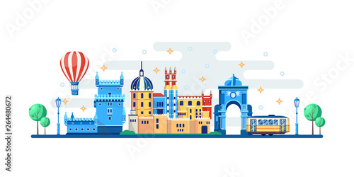 Lisbon cityscape with famous touristic landmarks. Vector flat illustration. Travel to Portugal banner design elements
