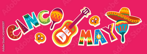 Cinco de Mayo in Mexico. May 5, Latin America holiday. Colorful, detailed, lots of objects background. Vector template with traditional Mexican symbols skull, guitar, flowers, red pepper