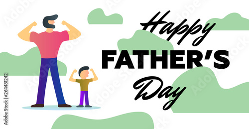 Happy Father Day Holiday Strong Dad Son show arms biceps muscles stand khaki background Vector Illustration