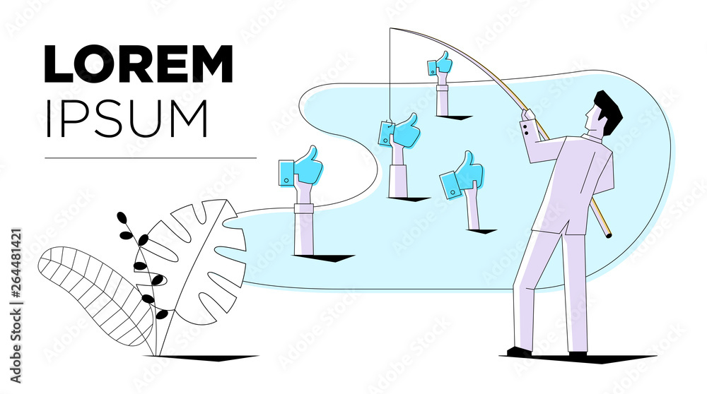 Social media marketing businessman catches like signs modern style. Business mobile internet technology card template design. Vector concept illustration symbolizes SMM network advertising Social media marketing businessman catches like signs modern style. Business mobile internet technology card template design. Vector concept illustration symbolizes SMM network advertising