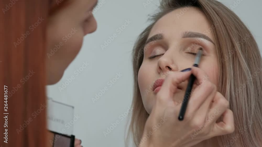 Makeup artist makes makeup beautiful blonde girl on a light monophonic background. Paints eyes with mascara, applies powder with a brush. Makeup artist studio concept. Makeup artist makes makeup beautiful blonde girl on a light monophonic background. Paints eyes with mascara, applies powder with a brush. Makeup artist studio concept.