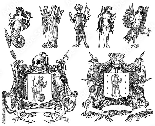 Heraldry in vintage style. Engraved coat of arms with animals, birds, mythical creatures, fish, dragon, unicorn, lion. Medieval Emblems and the logo of the fantasy kingdom.