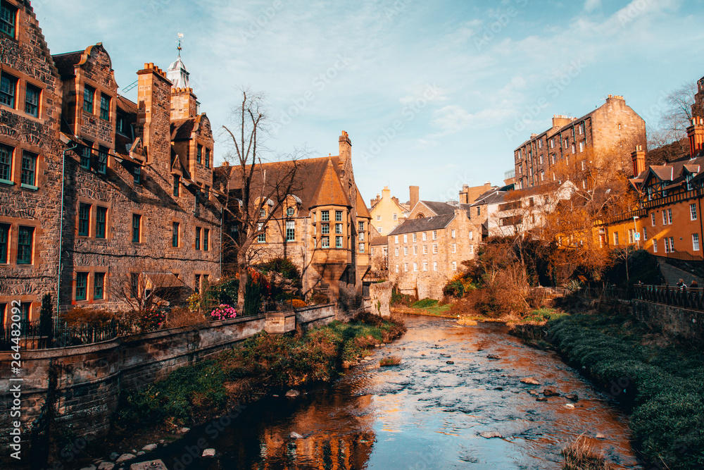 Fototapeta premium Dean Village, Edinburgh, with orange and blue tones