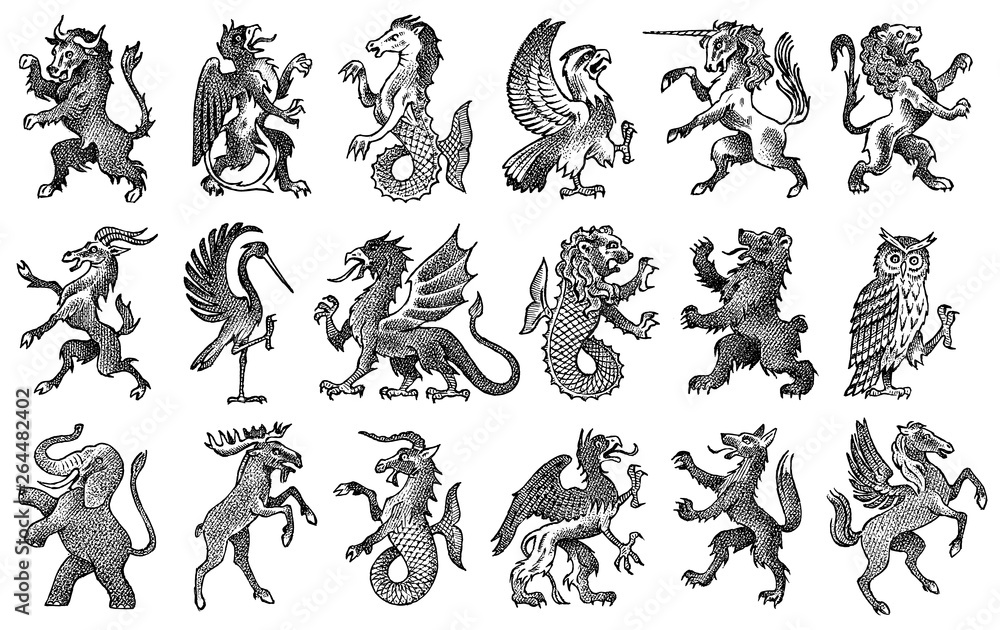 Animals for Heraldry in vintage style. Engraved coat of arms with birds,  mythical creatures, fish, dragon, unicorn, lion. Medieval Emblems and the  logo of the fantasy kingdom. Stock Vector | Adobe Stock
