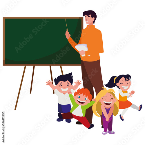 teacher male with kids students and chalkboard