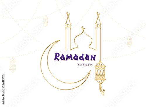 Arabic Islamic calligraphy text Ramadan Kareem with crescent moon  lantern  mosque. Ramadan mubarak greeting line vector poster for Muslim community festival
