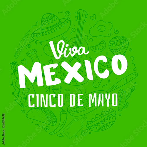 Viva Mexico hand lettering calligraphy with mexican sombrero bottle tequila maraca guitar nachos eggs.Used for greeting card  poster design.Vector illustration.