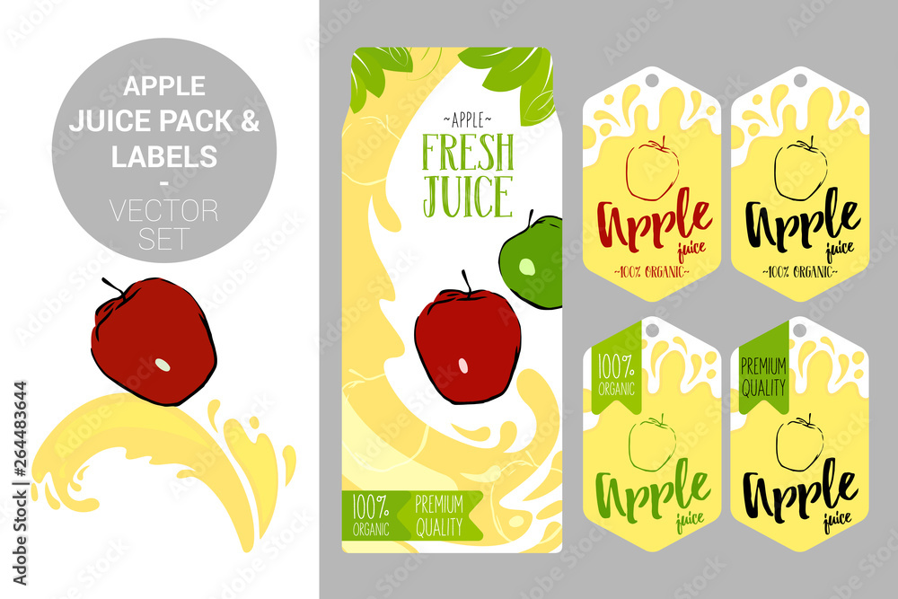 Red cartoon apple on juice splash. juice pack with green and red apples, organic fruit labels tags. Colorful stickers. Juicy fruit badges with splashes. Fruit vector package set for web and print.