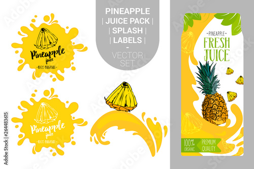 cartoon pineapple on juice splash. Fresh pineapple juice pack with Organic labels tags and green leaves. Colorful tropical stickers. Juicy ananas fruit badges with splash. Fruit vector package set