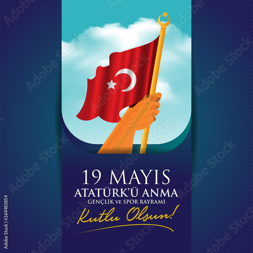 vector illustration 19 mayis Ataturk'u Anma, Genclik ve Spor Bayrami , translation: 19 may Commemoration of Ataturk, Youth and Sports Day, graphic design to the Turkish holiday, children logo