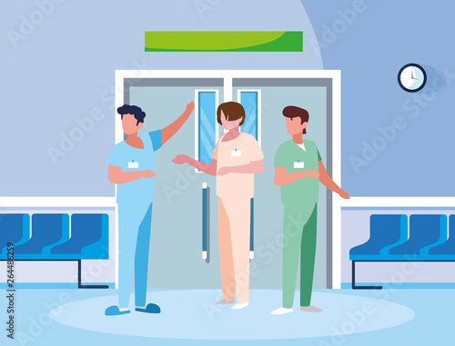 male medicine workers in elevator door