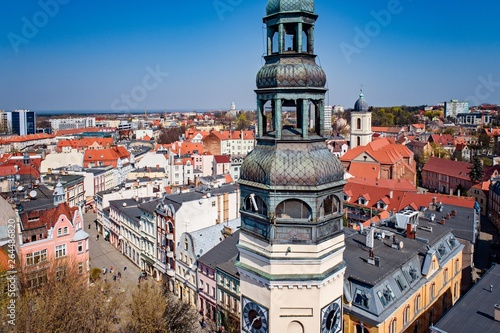 Canvas-taulu Aerial drone view on church tower in Zielona Gora